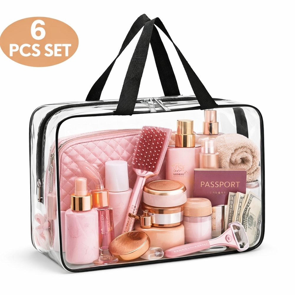 • 6 Clear PVC Travel Bags | Makeup Toiletry Organizer Set TSA Approved